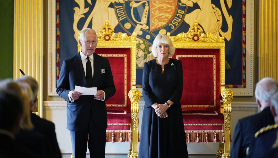 hillsborough, northern ireland   september 13 king charles iii and camilla, queen consort receive a message of condolence by the speaker of the northern ireland assembly at hillsborough castle on september 13, 2022 in hillsborough, united kingdom king charles iii is visiting northern ireland for the first time since ascending to the throne following the death of his mother, queen elizabeth ii, who died at balmoral castle on september 8, 2022 photo by niall carson   wpa poolgetty images