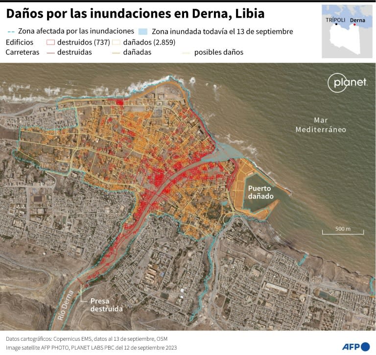 Imagen por satélite con los edificios y carreteras destruidos, afectados o posiblemente afectados por las inundaciones en la ciudad libia de Derna, en el este del país, según datos de Copernicus (Cléa PÉCULIER)