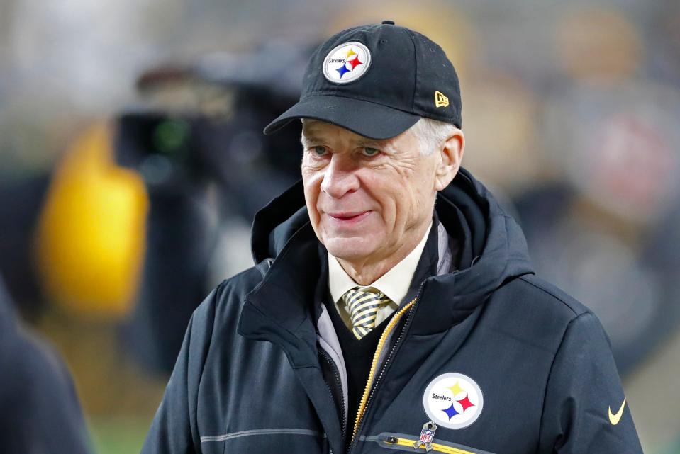 FILE - Pittsburgh Steelers owner Art Rooney II watches warm ups before an NFL football game between the Pittsburgh Steelers and the Buffalo Bills in Pittsburgh, in this Sunday, Dec. 15, 2019, file photo. Steelers president Art Rooney II remains optimistic the championship window remains open for his club but admits there are some difficult challenges ahead following a first-round playoff flameout against Cleveland. (AP Photo/Keith Srakocic)