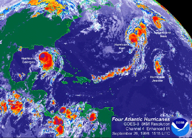 On Sept. 26, 1998, there were four hurricanes spinning in the Atlantic basin: Georges, Ivan, Jeanne and Karl.