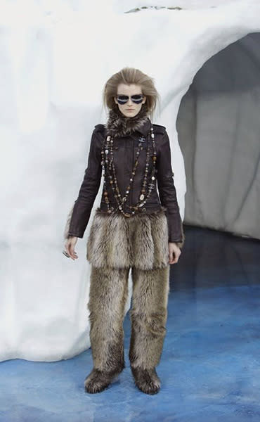 For the more practical look, Chanel also offers a pair of fur pants complete with weird skirt looking thingy. We don’t even want to know how much this outfit costs. <br><br>Credit: Chanel