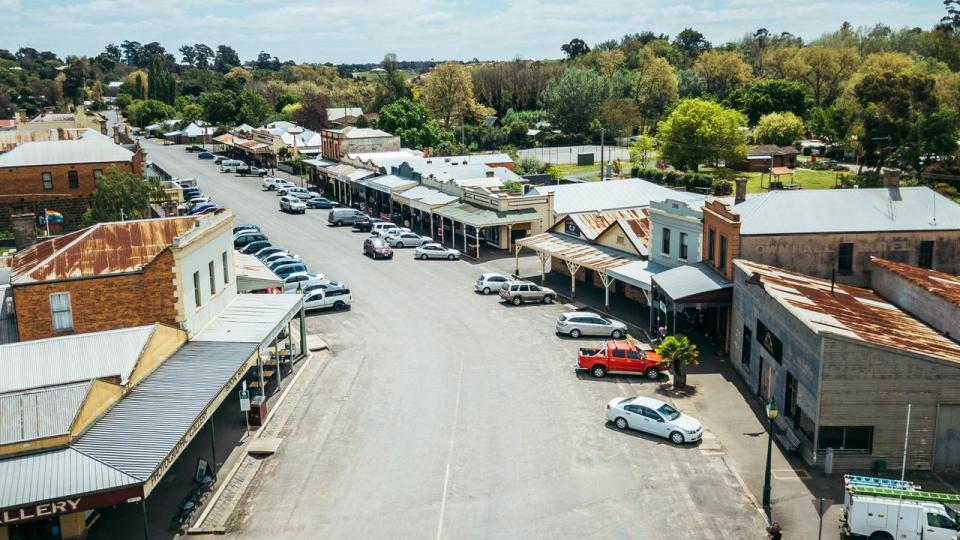 Aerial view of a small rural town in rural Victoria, Australia