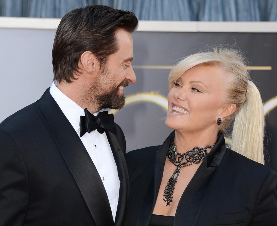 Hugh Jackman and wife Deborra-Lee Furness arrive at the Oscars at Hollywood & Highland Center on February 24, 2013 in Hollywood, California