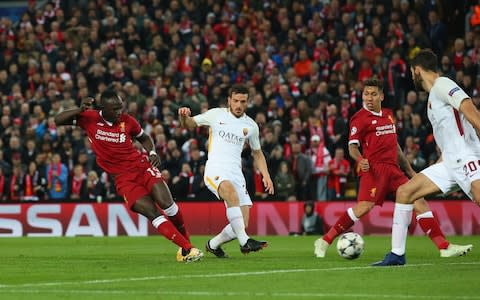 Sadio Mane of Liverpool scores their third goal during the UEFA Champions League Semi Final First Leg match between Liverpool and A.S. Roma  - Credit: Alex Livesey - Danehouse/Getty Images