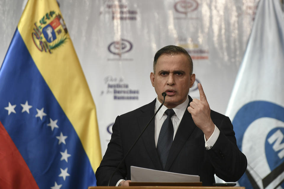 Venezuela's Attorney General Tarek William Saab gives a press conference regarding what the government calls a failed attack over the weekend aimed at overthrowing President Nicolás Maduro in Caracas, Venezuela, Friday, May 8, 2020. (AP Photo/Matias Delacroix)