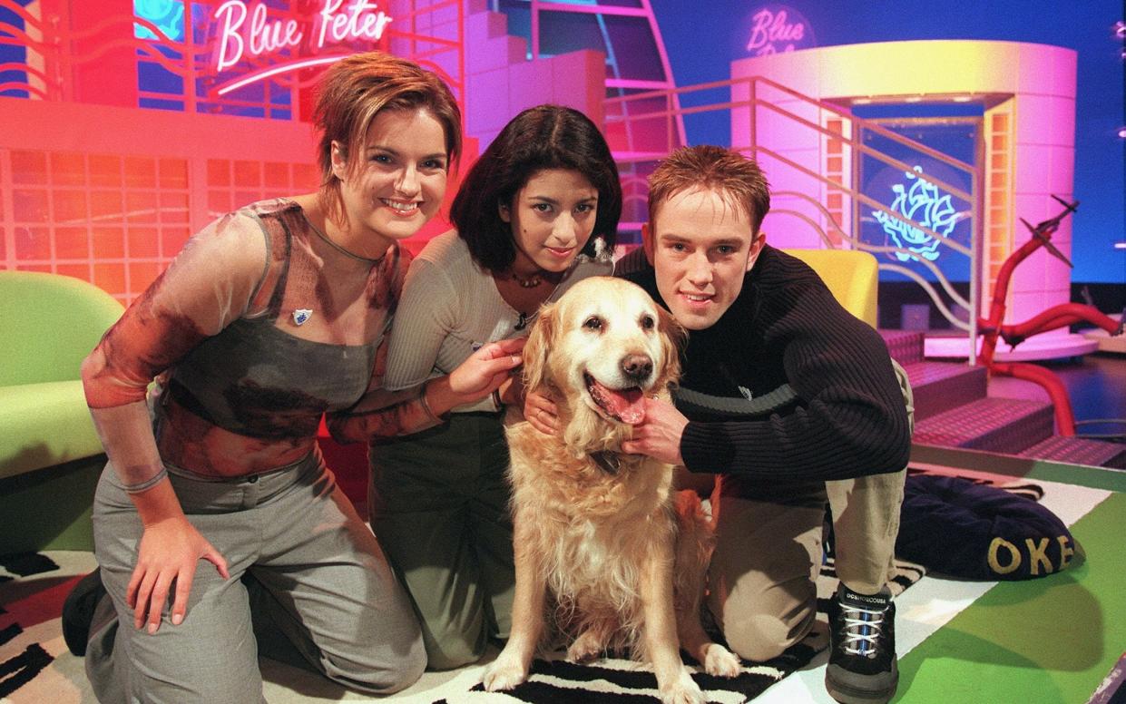 The 1999 Blue Peter presenters: Katy Hill, Konnie Huq and Simon Thomas, with Bonnie the golden retriever - Television Stills