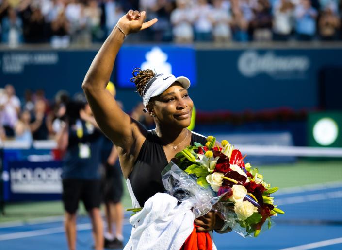 Serena Williams waves to the crowd after a match in August 2022