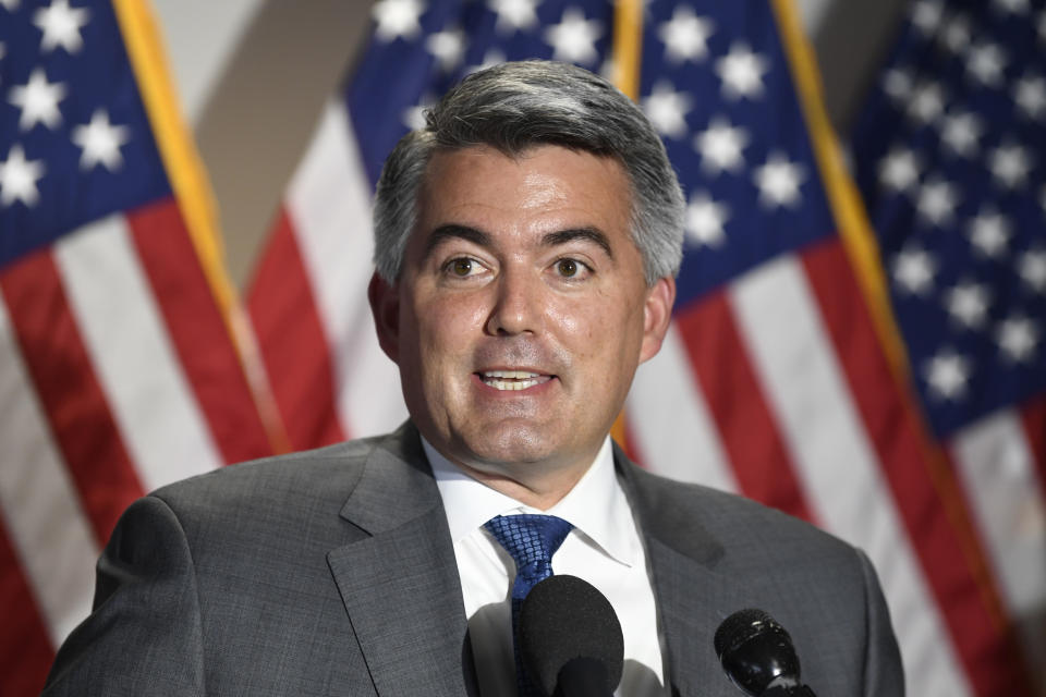 Sen. Cory Gardner, R-Colo., speaks to reporters following the weekly Republican policy luncheon on Capitol Hill in Washington, Tuesday, June 9, 2020. (AP Photo/Susan Walsh)