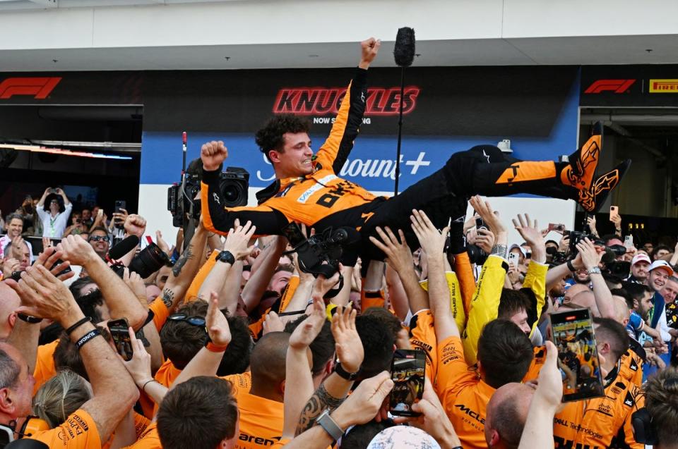 Joy: Lando Norris claimed his fist-ever Grand Prix win in Formula One (AFP via Getty Images)