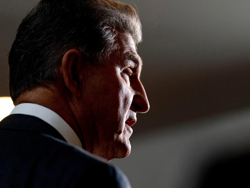 Sen. Joe Manchin, D-W.Va., speaks at a news conference outside of his office on Capitol Hill in Washington, Wednesday, Oct. 6, 2021.