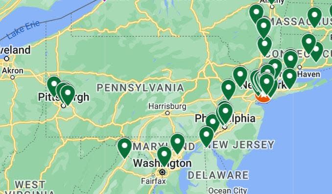 A map shows established community fridges in Pennsylvania, provided by Freedge.org