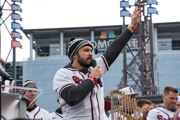 ATLANTA, GA - NOVEMBER 05: Travis d'Arnaud and members of the Atlanta Braves team speak following the World Series Parade at Truist Park on November 5, 2021 in Atlanta, Georgia. The Atlanta Braves won the World Series in six games against the Houston Astros winning their first championship since 1995. (Photo by Megan Varner/Getty Images)