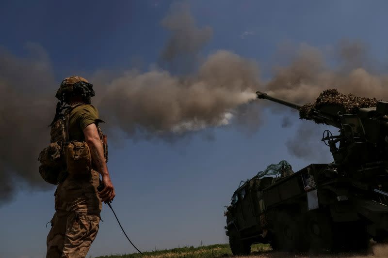 FILE PHOTO: A Ukrainian serviceman fires a 2S22 Bohdana self-propelled howitzer towards Russian troops at a position near the city of Bakhmut