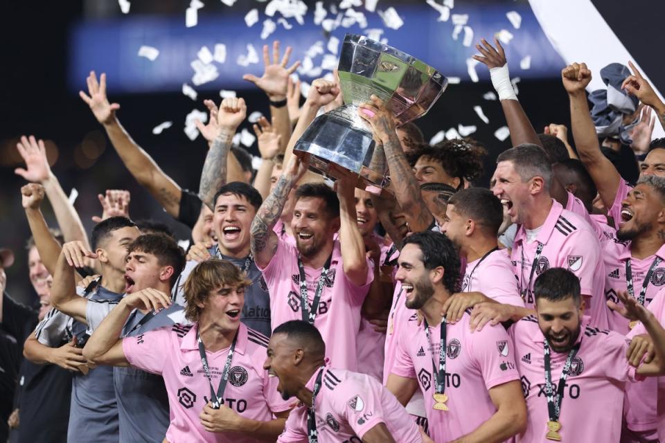 Lionel Messi hoist the  Leagues Cup trophy with his Inter Miami teammates after defeating the Nashville SC in Nashville, Tennessee  (Getty)