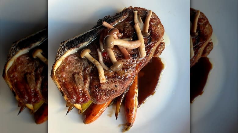 wagyu strip with mushrooms and carrots