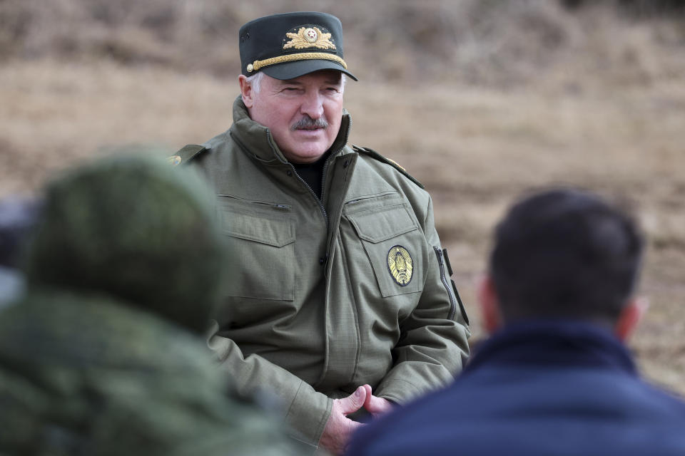 FILE - In this photo provided by the Belarusian Presidential Press Service, Belarus President Alexander Lukashenko speaks to military personnel during his visit to Oshmyany District, Grodno region of Belarus on March 26, 2024. A Belarusian human rights group said Thursday, July 4, 2024 that at least 10 political prisoners have been freed since the country's authoritarian president this week promised to release seriously ill people jailed in connection with massive protests nearly four years ago. (Belarusian Presidential Press Service via AP, File)