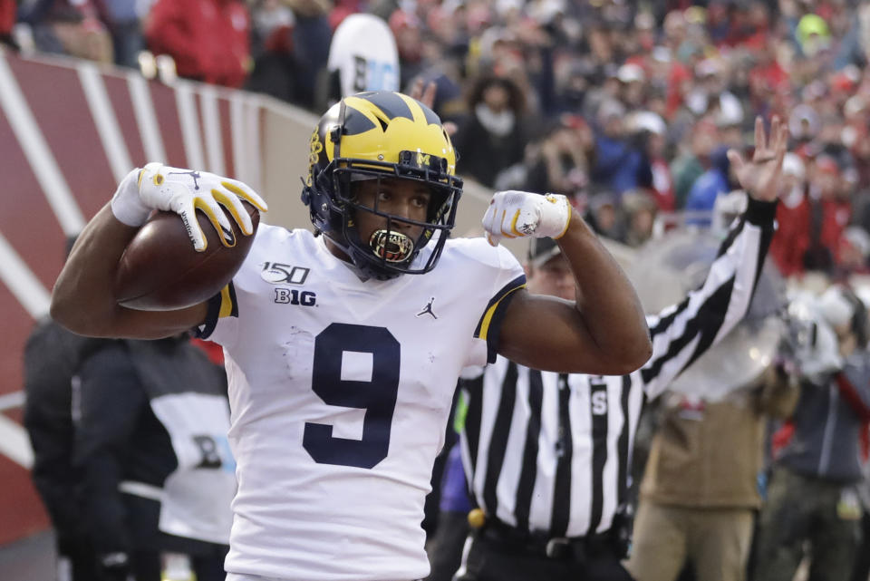 Michigan wide receiver Donovan Peoples-Jones (9) celebrates a touchdown reception during the first half of an NCAA college football game against Indiana, Saturday, Nov. 23, 2019, in Bloomington, Ind. (AP Photo/Darron Cummings)