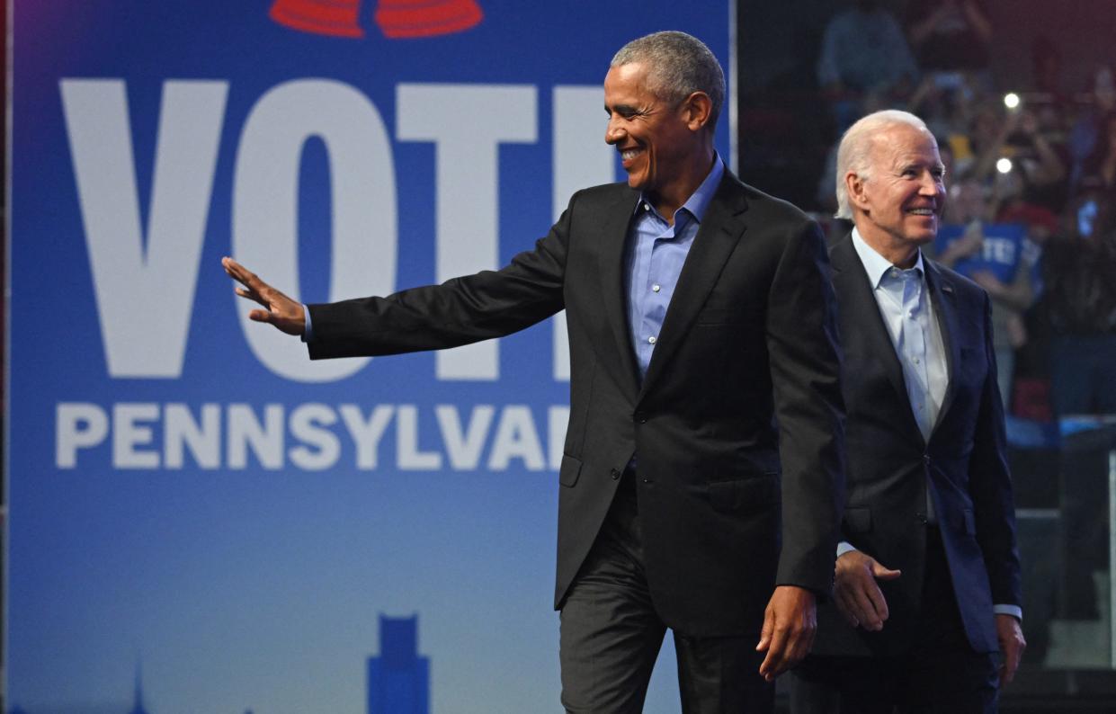 President Barack Obama and US President Joe Biden participate in a rally in support of Democratic US Senate candidate John Fetterman in Philadelphia, Pennsylvania, on November 5, 2022.