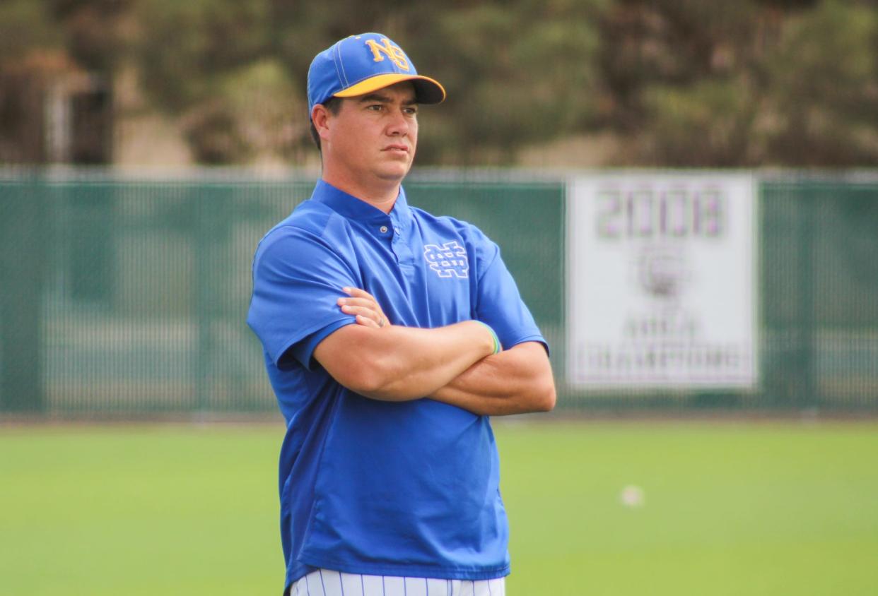 Nazareth head coach Tyler Goodwin looks on during a Region I-1A quarterfinal baseball playoff series at Littlefield on Thursday, May 12, 2022.