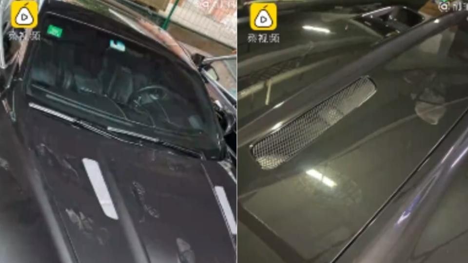 跑車引擎蓋、車頂有不同程度的刮傷。（圖／翻攝自微博／梨視頻）