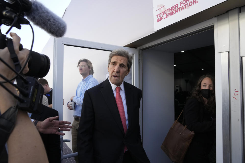 U.S. Special Presidential Envoy for Climate John Kerry arrives for a panel on biodiversity at the COP27 U.N. Climate Summit, Wednesday, Nov. 16, 2022, in Sharm el-Sheikh, Egypt. (AP Photo/Peter Dejong)