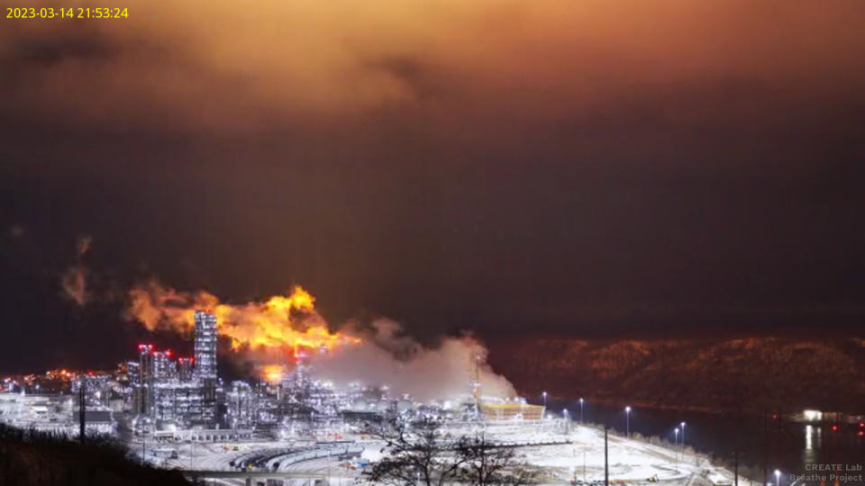 The Breathe Cam captured the moment on the evening of March 14, 2023 when Shell activated flares, causing an orange glow visible around the plant. (CMU Create Lab / Breathe Project)