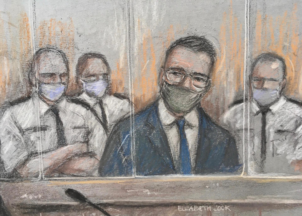 Court artist sketch by Elizabeth Cook of Pawel Relowicz (2nd right), who denies raping and murdering Libby Squire, appearing at Sheffield Crown Court.