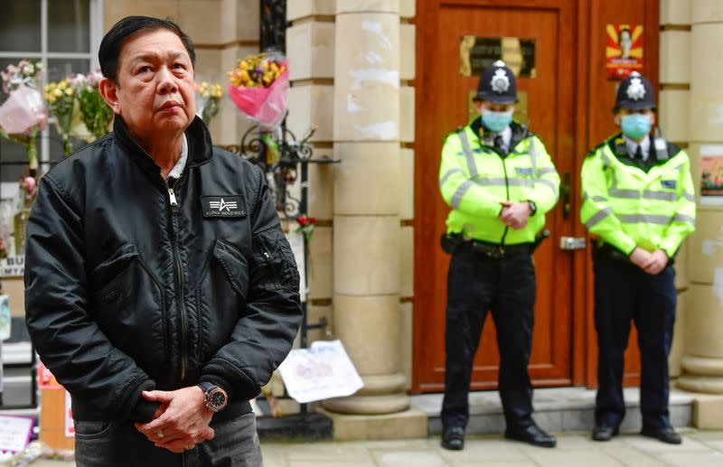 Myanmar's ambassador Kyaw Zwar Minn stands outside the Myanmar Embassy in London