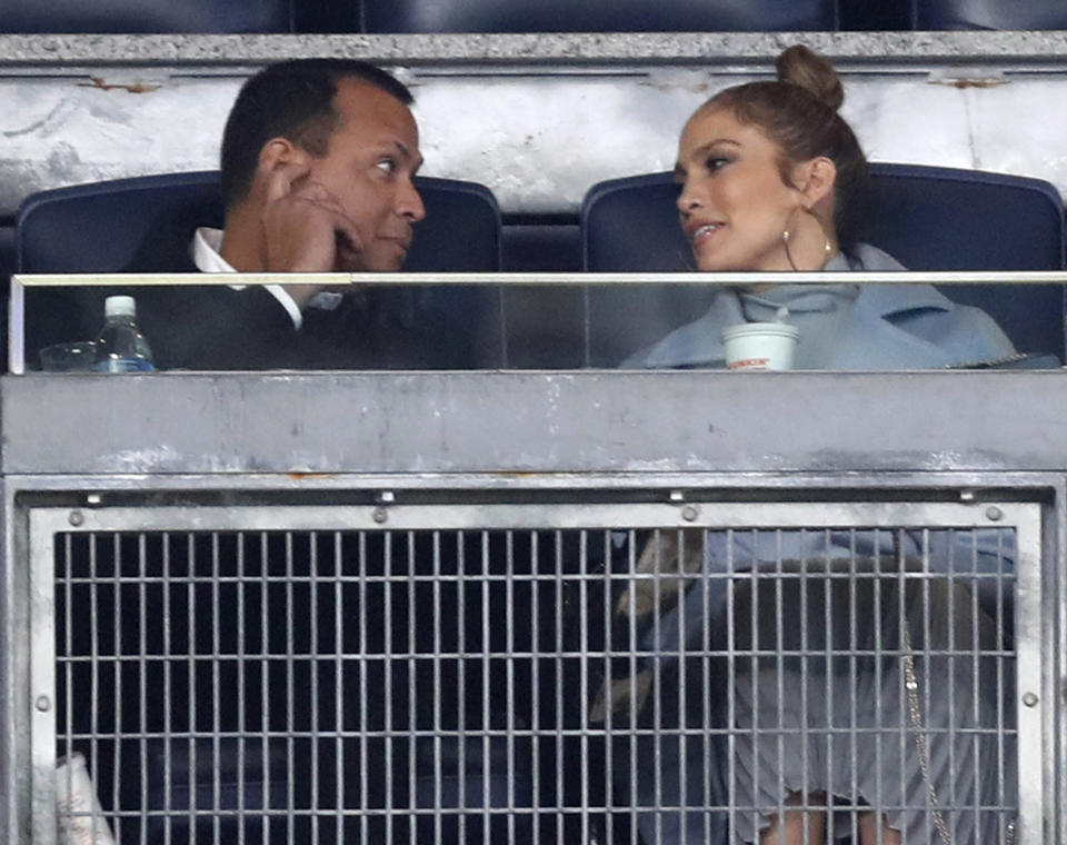 Jennifer Lopez teaches Alex Rodriguez about “Moneyball” in video. (AP Photo/Kathy Willens)