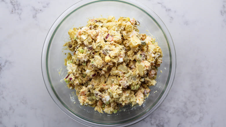 seafood potato salad in bowl