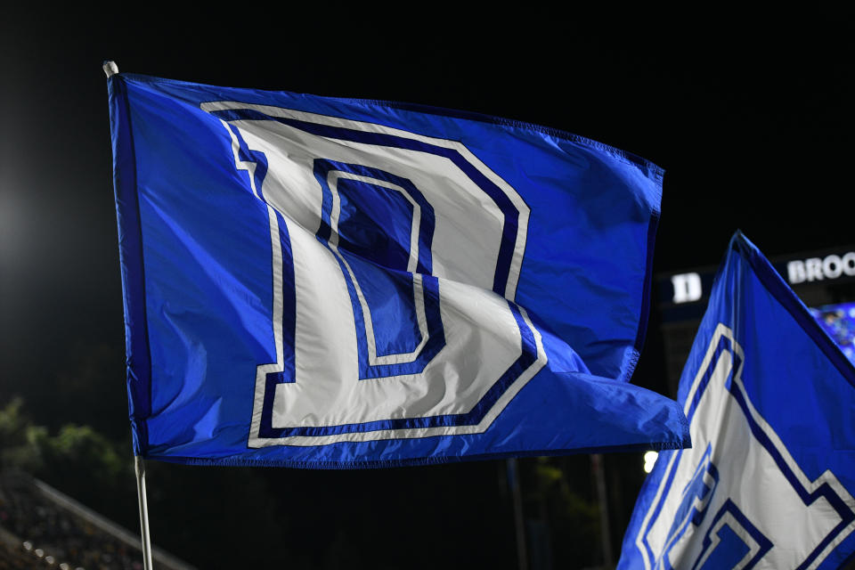 Sep 10, 2021; Durham, North Carolina, USA; The Duke Blue Devils flag is flown after a touchdown against the North Carolina A&T Aggies during the third quarter at Wallace Wade Stadium. Mandatory Credit: William Howard-USA TODAY Sports