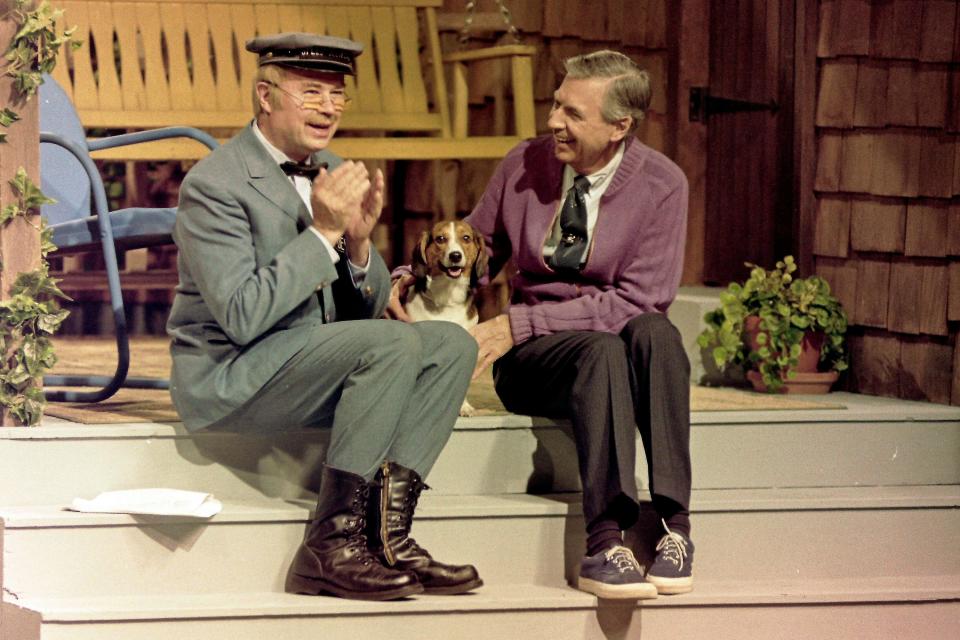 Fred Rogers talks with David Newell, aka Mr. McFeely, during a rehearsal for 'Mister Rogers' Neighborhood' in Pittsburgh on June 8, 1993.