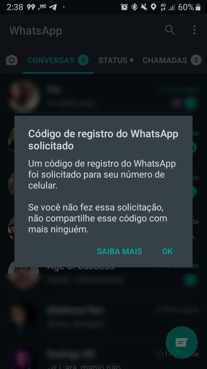 <em>Mensagem exibida quando um código de autenticação do WhatsApp é solicitado em aparelho diferente do qual ele está registrado. (Imagem: Captura de tela/Wagner Wakka/Canaltech)</em>