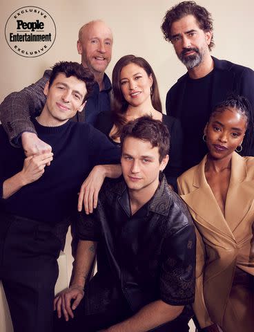 <p>Corey Nickols/Getty</p> (Clockwise from far left) Anthony Boyle, Matt Walsh, Monica Beletsky, Hamish Linklater, Lovie Simone, and Brandon Flynn of 'Manhunt'