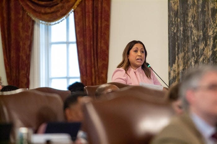 Sen. Celina Villanueva, D-Chicago, speaks in favor of her bill to prohibit limited services pregnancy centers from engaging in deception when it comes to sharing information about abortions. It passed after heated debate.