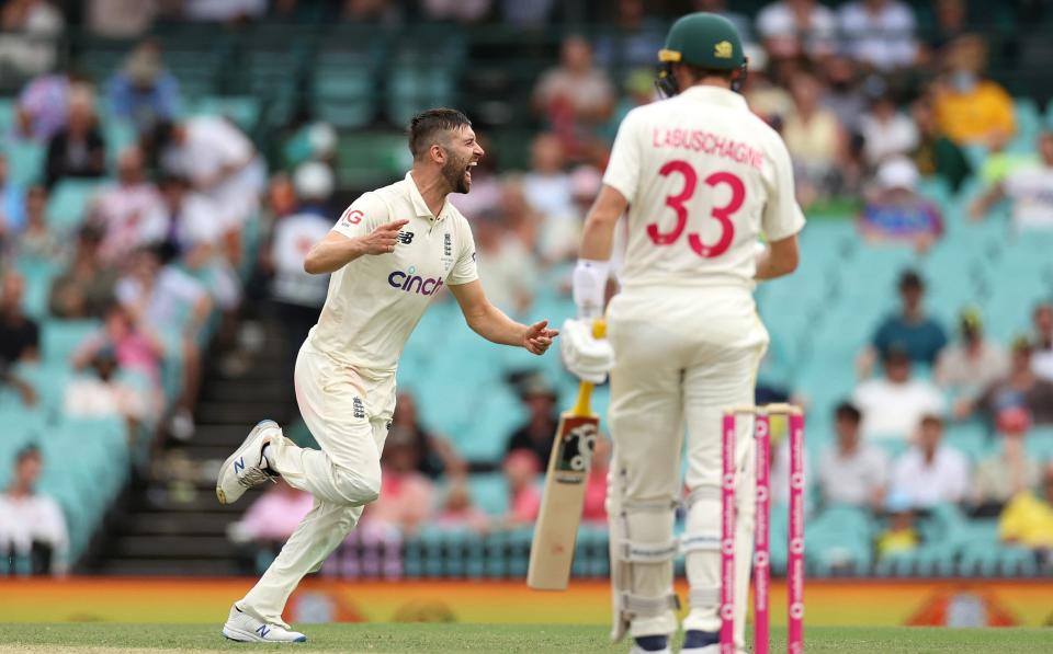 Mark Wood of England celebrates the wicket of Marnus Labuschagne of Australia during day one of the Fourth Test Match in the Ashes series between Australia and England at Sydney Cricket Ground on January 05, 2022 in Sydney, Australia - Cameron Spencer/Getty Images