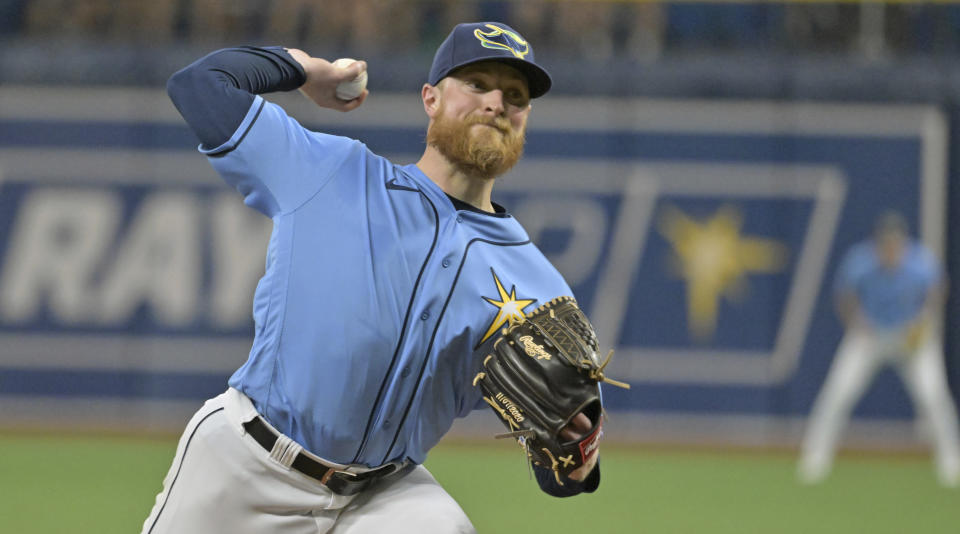 Tampa Bay Rays starter Drew Rasmussen pitches against the Baltimore Orioles during the first inning of a baseball game Sunday, Aug. 14, 2022, in St. Petersburg, Fla. (AP Photo/Steve Nesius)