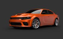 <p>The Hellcat Redeye–based Charger King Daytona also looks back at drag racing in the '60s and '70s, this time emulating the daredevils who raced on the West Coast. Matte black graphics contrast with vivid Go Mango paint and chrome 20-inch wheels, as well as carbon-fiber interior trim.</p><p><a class="link " href="https://www.caranddriver.com/news/a41229852/2023-dodge-charger-king-daytona-revealed/" rel="nofollow noopener" target="_blank" data-ylk="slk:Read the full story;elm:context_link;itc:0;sec:content-canvas">Read the full story</a></p>