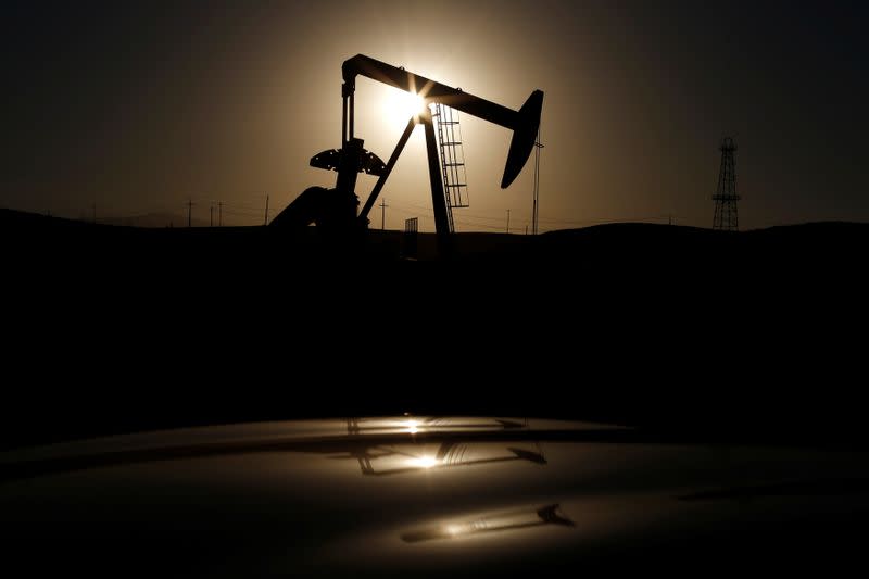 A pump jack is seen at sunrise near Bakersfield