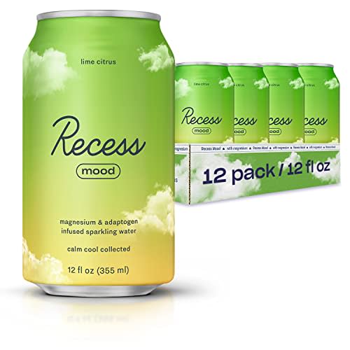 Recess Mood Magnesium Supplement Drink Calming Beverage, Lemon Balm for Calm, Relax, Stress Relief Support, Non-Alcoholic Beverage Replacement, 12 Ounce, Pack of 12 (Lime Citrus, 12 Pack) *New Flavors*