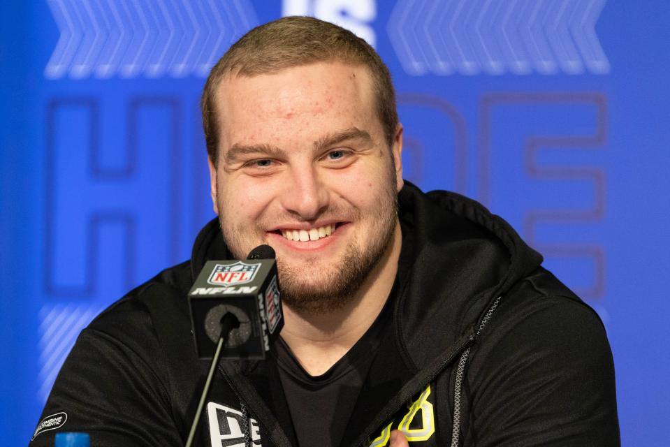 Northern Iowa offensive lineman Trevor Penning  talks to the media during the 2022 NFL Scouting Combine, Thursday, March 3, 2022, in Indianapolis.