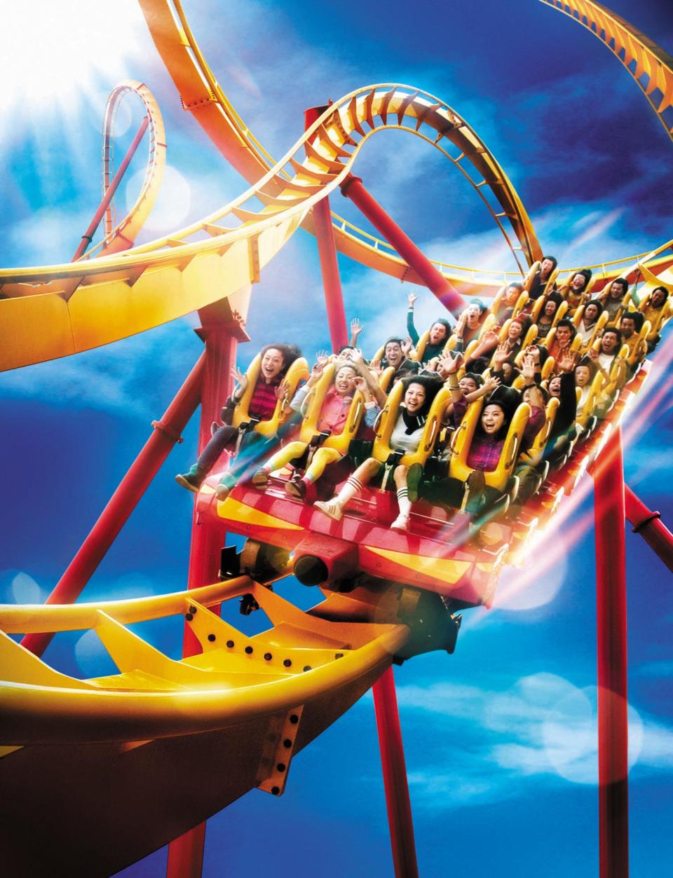 Hong Kong's first and only floorless roller coaster, The Hair   Raiser, thrills riders through multiple inversions, and top   speed of 88 kph.