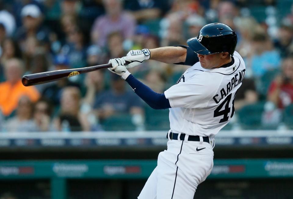 Tigers designated hitter Kerry Carpenter flies out in his first major league at-bat in the second inning against the Guardians on Wednesday, Aug. 10, 2022, at Comerica Park.