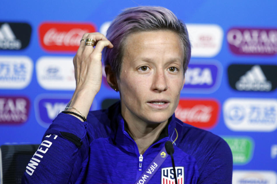 Megan Rapinoe speaks to reporters at a press conference near Lyon, France, on July 6. (Photo: ASSOCIATED PRESS)