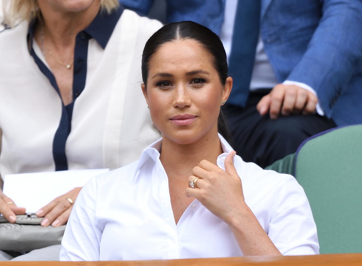 A photo of Meghan, Duchess of Sussex at the Women's Singles Final of the Wimbledon Tennis Championships at All England Lawn Tennis and Croquet Club on July 13, 2019 in London, England.