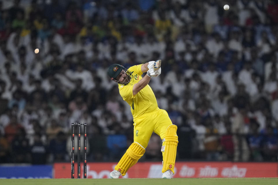 Australia's captain Aaron Finch plays a shot during the second T20 cricket match between India and Australia, in Nagpur, India, Friday, Sept. 23, 2022. (AP Photo/Rafiq Maqbool)