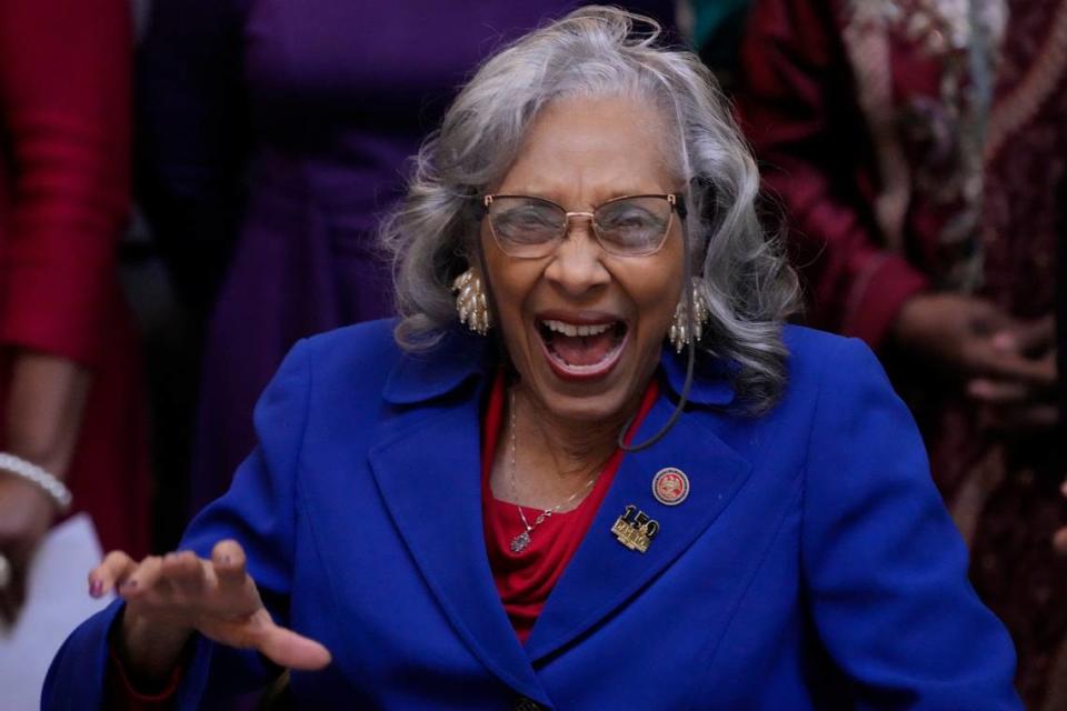 Former State Rep. Alyce Clarke, D-Jackson, laughs at comments made during a ceremony for the unveiling of her official portrait in the Mississippi State Capitol in Jackson. Rogelio V. Solis/AP