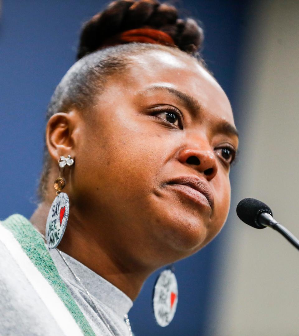 Bianca Austin, the aunt of Breonna Taylor, speaks about her death during a press conference at City Hall that Councilwoman Shameka Parrish-Wright organized to demand police accountability on her four-year remembrance. March 13, 2024