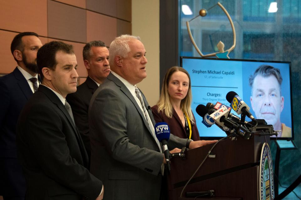 Bucks County District Attorney Matt Weintraub talks at a press conference regarding homicide and related charges against Stephen Capaldi, 57, in the murder of his wife Elizabeth “Beth” Capaldi. The husband has been charged with strangling her to death, dismembering her and burying parts of her body near Philadelphia International Airport. 