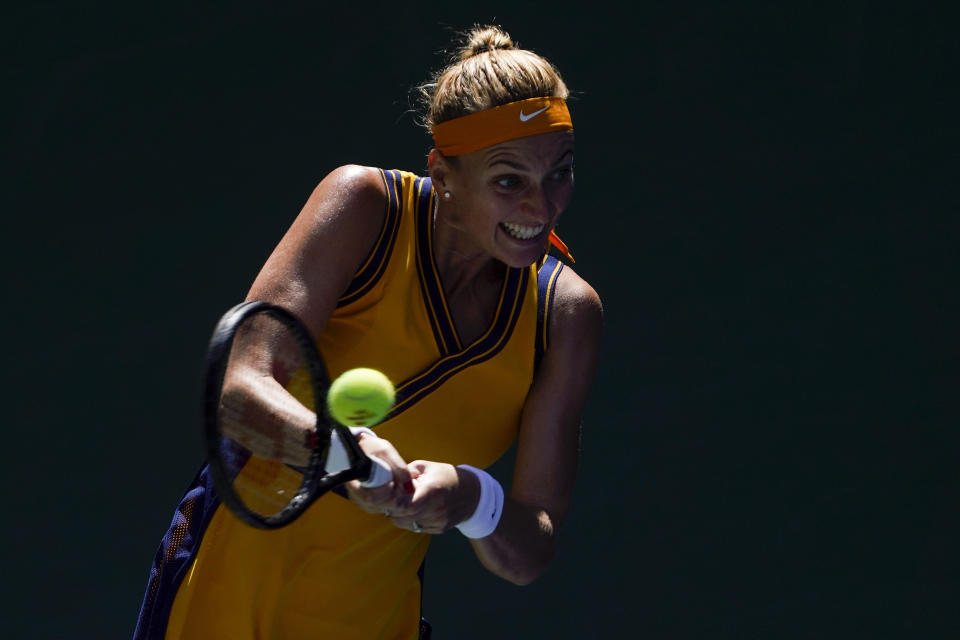 Petra Kvitova, of the Czech Republic, returns a shot to Kristyna Pliskova, of the Czech Republic, during the second round of the US Open tennis championships, Thursday, Sept. 2, 2021, in New York. (AP Photo/John Minchillo)